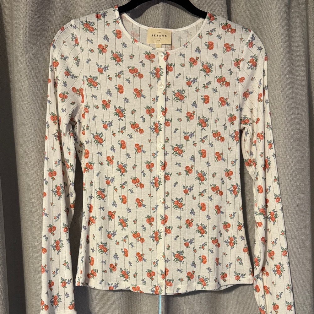 Sezane Floral Button-Up Long Sleeve Top